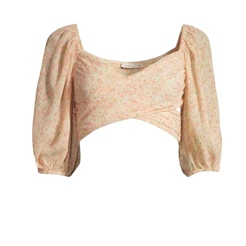Lush Crossover Floral Cottagecore Feminine Crop Top Puff Sleeve - Picture 3 of 6